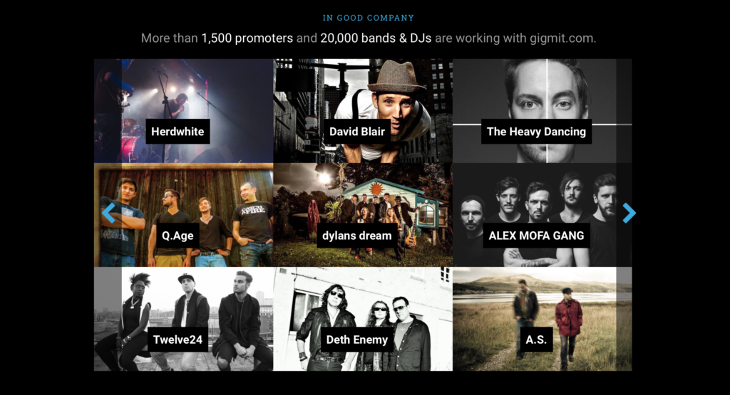 Gigmit already works with a range of promoters, artists, and festivals. Source: gigmit.com