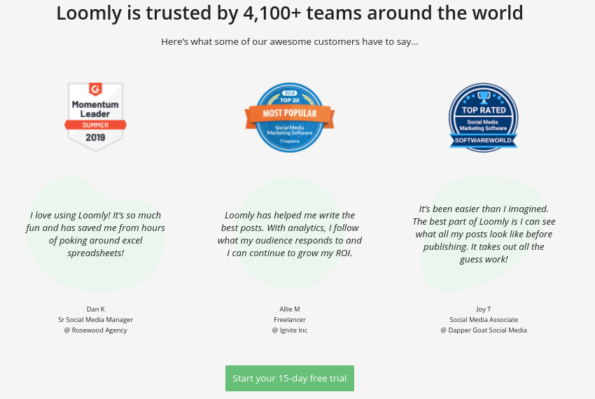 Loomly places client testimonials on landing pages