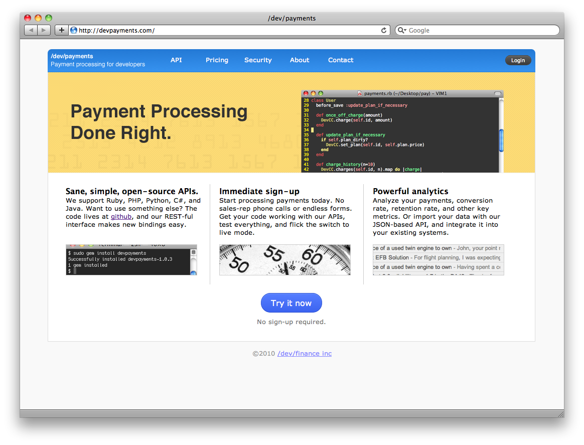 One of the early versions of Stripe's homepage